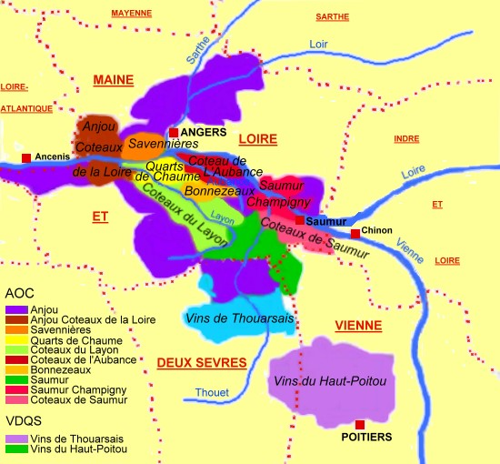 carte des vignobles de l'Anjou et du Saumurois